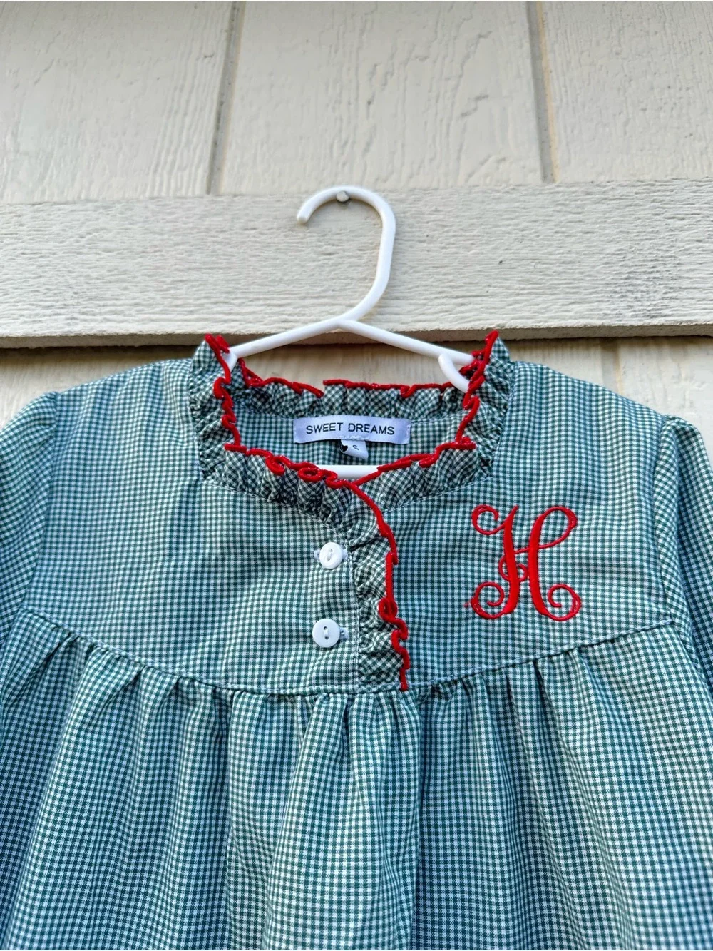Sweet Dreams Green Gingham Nightgown with Red Trim and Monogram